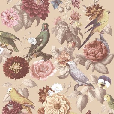   Bézs alapon sokszínű virágos, papagájos vlies dekor tapéta