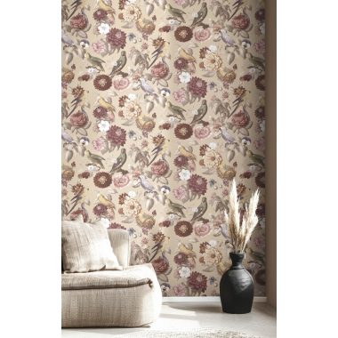   Bézs alapon sokszínű virágos, papagájos vlies dekor tapéta