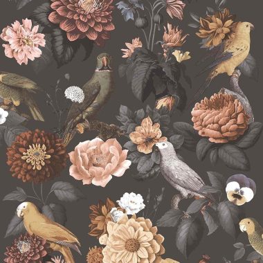   Sötét szürke alapon sokszínű virágos, madaras, papagájos vlies dekor tapéta