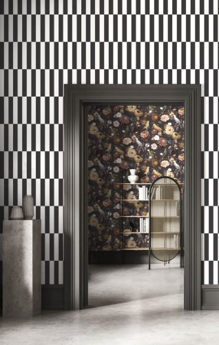 Fehér fekete geometrikus csíkos vlies tapéta 