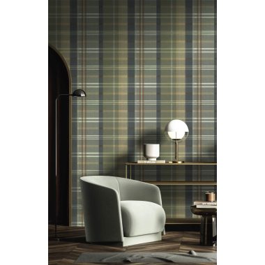 Zöld skótkockás vlies tapéta arany csíkokkal