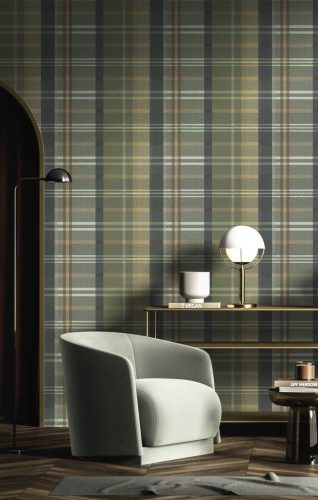 Zöld skótkockás vlies tapéta arany csíkokkal