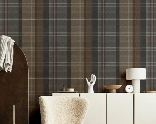 Türkiz kék skótkockás vlies tapéta arany csíkokkal