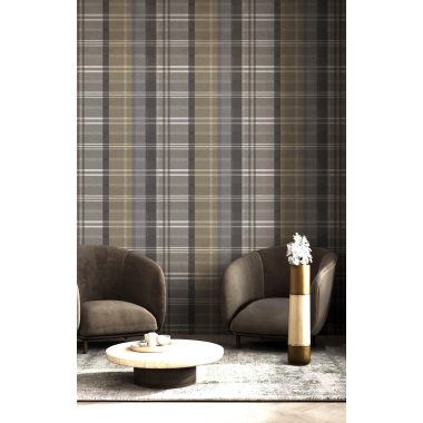   Fekete, szürke, barna skótkockás vlies tapéta arany csíkokkal