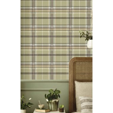 Zöld skótkockás geometrikus vlies tapéta