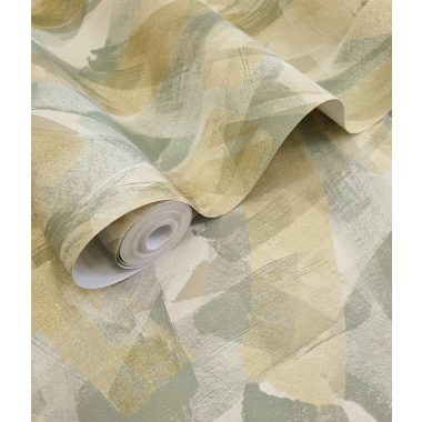   Bézs zöld arany koptatott ecsetvonás mintás vinyl tapéta