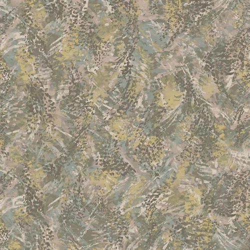 Khaki naturál koptatott vinyl tapéta fémes arany foltokkal pici rózsaszínnel és zölddel