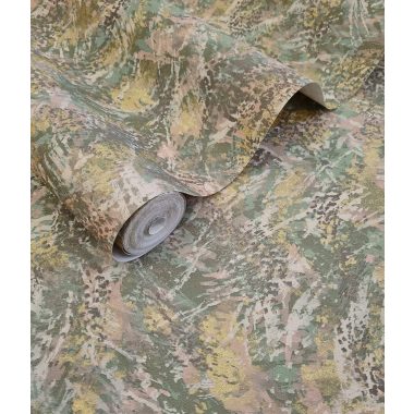   Khaki naturál koptatott vinyl tapéta fémes arany foltokkal pici rózsaszínnel és zölddel