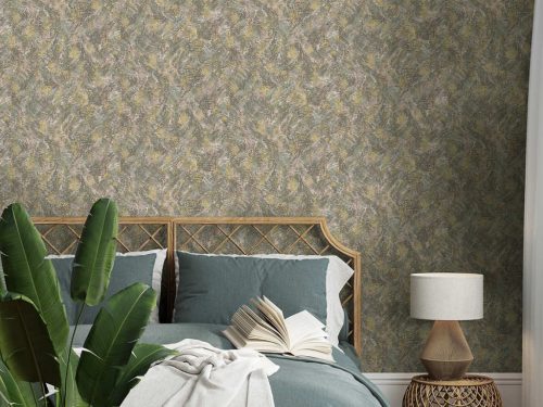 Khaki naturál koptatott vinyl tapéta fémes arany foltokkal pici rózsaszínnel és zölddel