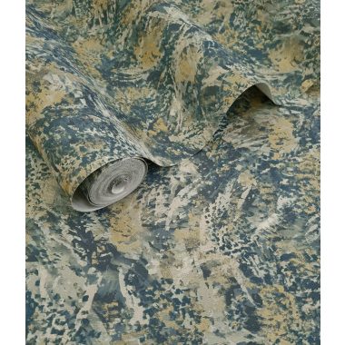   Kék zöld arany antikolt absztrakt mintás vinyl tapéta fémes foltokkal