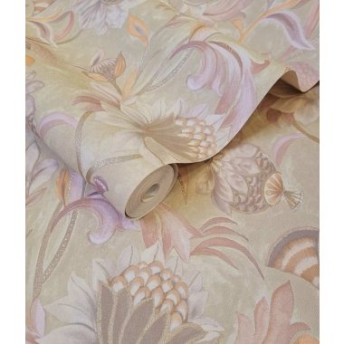   Bézs natur virág mintás angol vidéki stílusú vinyl tapéta enyhén arannyal kontúrozva