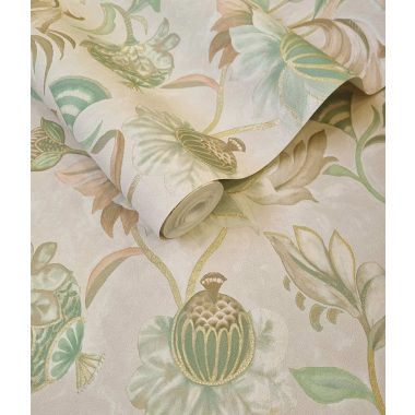   Zöld bézs natur virág mintás angol vidéki stílusú vinyl tapéta enyhén arannyal kontúrozva
