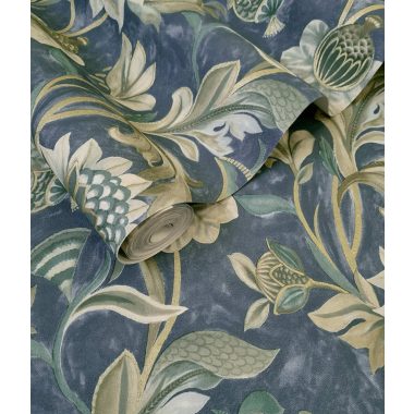   Kék zöld natur virág mintás angol vidéki stílusú vinyl tapéta enyhén arannyal kontúrozva