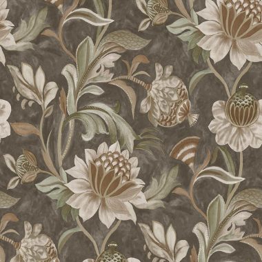   Barna zöld natur virág mintás angol vidéki stílusú vinyl tapéta enyhén fémes kontúrral