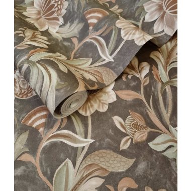   Barna zöld natur virág mintás angol vidéki stílusú vinyl tapéta enyhén fémes kontúrral