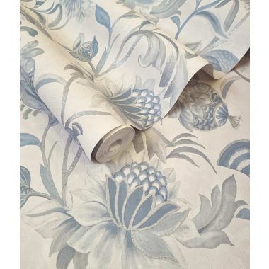   Kék natur virág mintás angol vidéki stílusú vinyl tapéta enyhén ezüsttel kontúrozva
