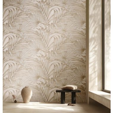   Bézs alapon arany és ezüst fényű levél mintás vinyl dekor tapéta