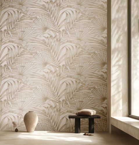 Bézs alapon arany és ezüst fényű levél mintás vinyl dekor tapéta