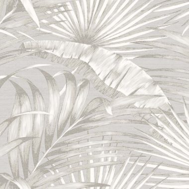   Világosszürke alapon finoman fénylő levél mintás vinyl dekor tapéta