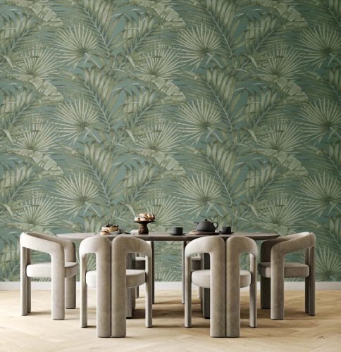 Világosszürke alapon finoman fénylő levél mintás vinyl dekor tapéta