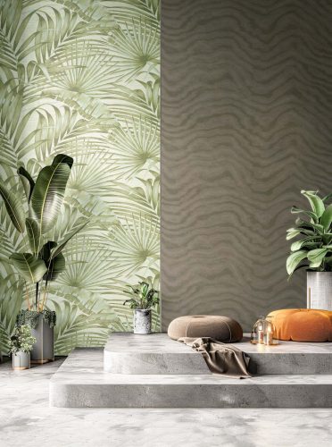 Halványzöld finoman fénylő levél mintás vinyl dekor tapéta