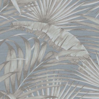   Kék alapon finoman fénylő levél mintás vinyl dekor tapéta