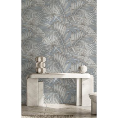   Kék alapon finoman fénylő levél mintás vinyl dekor tapéta