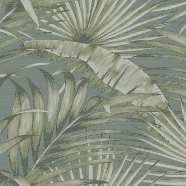   Türkiz kék - zöld alapon finoman fénylő levél mintás vinyl dekor tapéta