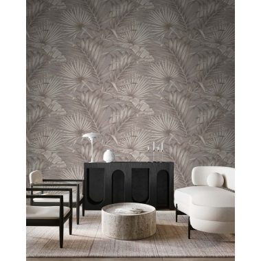   Szürke alapon finoman aranyosan és ezüstösen fénylő levél mintás vinyl dekor tapéta