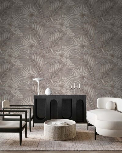 Szürke alapon finoman aranyosan és ezüstösen fénylő levél mintás vinyl dekor tapéta