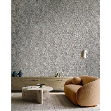   Kék lapon bézs elegánsan fényes orientális stílusú vinyl dekor tapéta