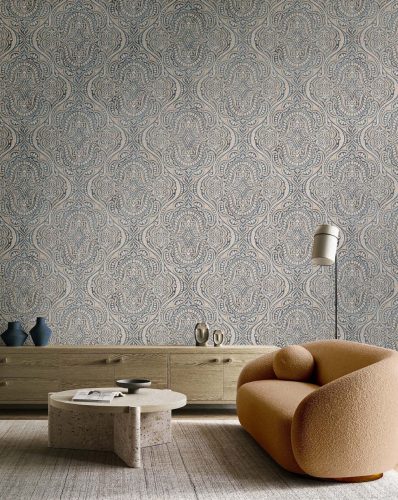 Kék lapon bézs elegánsan fényes orientális stílusú vinyl dekor tapéta