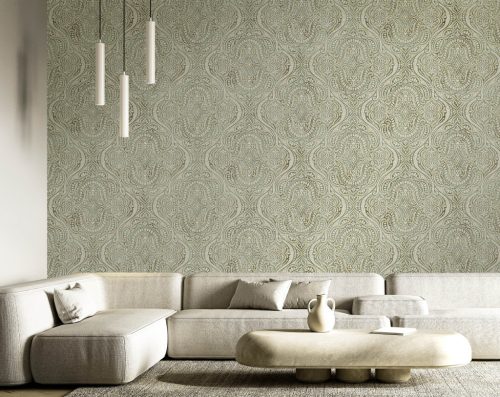 Szürke - bézs elegánsan fényes orientális stílusú vinyl dekor tapéta