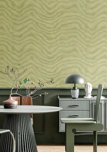 Zöld moire stílusú hullám mintás dupla széles vinyl dekor tapéta