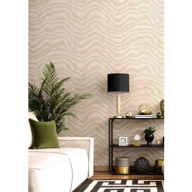   Fehér alapon bézs moire stílusú hullám mintás dupla széles vinyl dekor tapéta