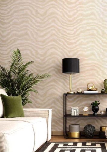 Fehér alapon bézs moire stílusú hullám mintás dupla széles vinyl dekor tapéta