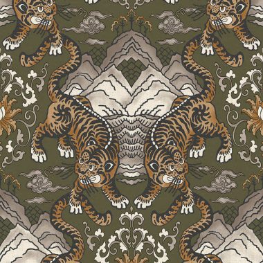 Khaki keleti ihletésű tigris mintás vlies tapéta 