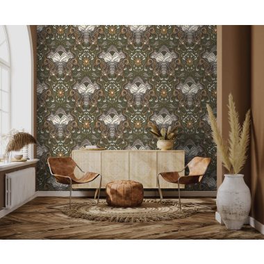 Khaki keleti ihletésű tigris mintás vlies tapéta 