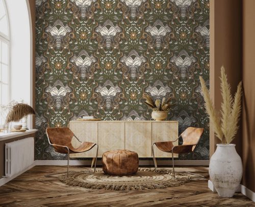 Khaki keleti ihletésű tigris mintás vlies tapéta 