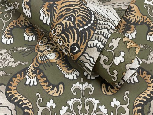 Khaki keleti ihletésű tigris mintás vlies tapéta 