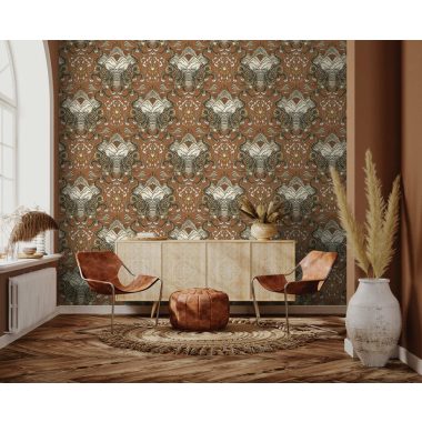   Narancssárga és szürke keleti ihletésű tigris mintás vlies tapéta 