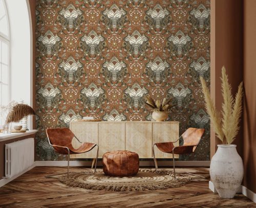 Narancssárga és szürke keleti ihletésű tigris mintás vlies tapéta 