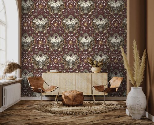 Bordó keleti ihletésű tigris mintás vlies tapéta 