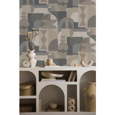   Bézs és szürke geometriai mintás retro stílusú vlies tapéta