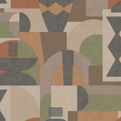 Sokszínű többségében narancs geometriai mintás retro stílusú vlies tapéta