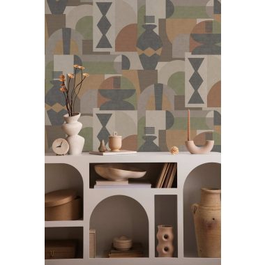   Sokszínű többségében narancssárga geometriai mintás retro stílusú vlies tapéta