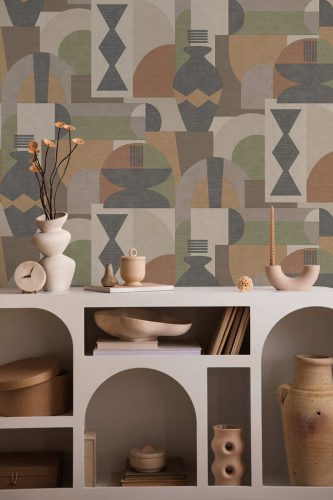 Sokszínű többségében narancssárga geometriai mintás retro stílusú vlies tapéta