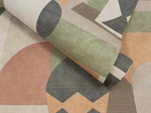 Sokszínű többségében narancssárga geometriai mintás retro stílusú vlies tapéta