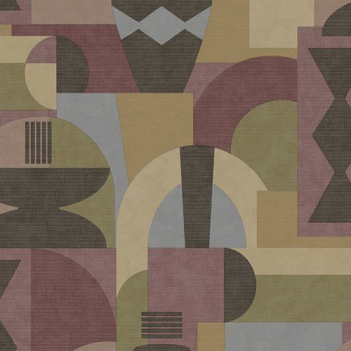 Sokszínű többségében lilás geometriai mintás retro stílusú vlies tapéta
