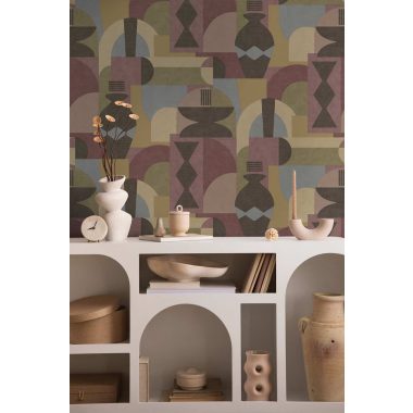   Sokszínű többségében lilás geometriai mintás retro stílusú vlies tapéta